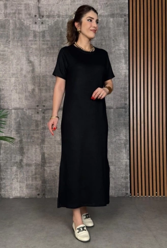 Kadın Kısa Kollu Bisiklet Yaka Yırtmaçlı Viskon Iki Iplik Elbise