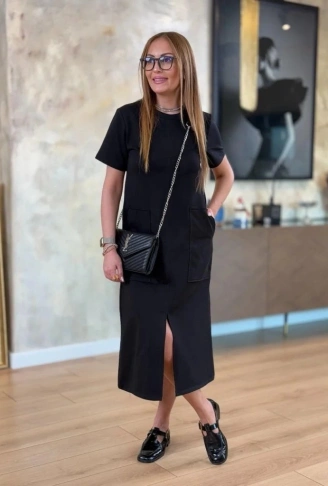 Kadın Kısa Kollu Bisiklet Yakalı Cepli önden Yırtmaçlı Viskon Iki Iplik Midi Elbise