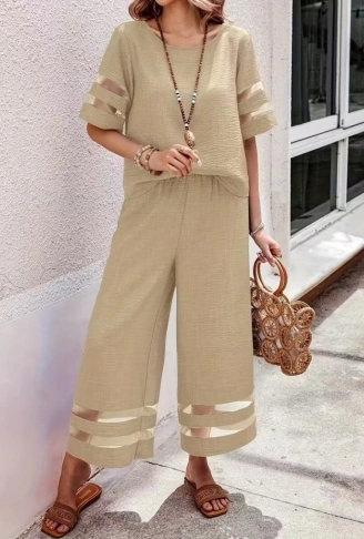 Kadın Kısa Kollu Bisiklet Yakalı Tül şerit Detaylı Bluz Ve Pantolon Ikili Takım