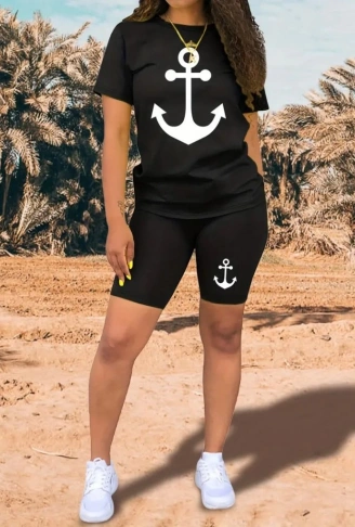 Kadın Kısa Kollu çapa Baskılı Viskon Ikili Takım