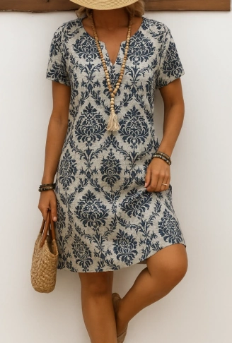 Kadın Kısa Kollu çentik Yaka çiçek Desenli Keten Elbise
