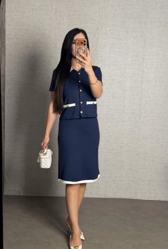 Kadın Kısa Kollu Cep Ve Düğme Detay Ceket Ve Diz üstü Etek Ikili Takım