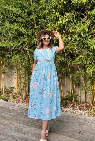 Kadın Kısa Kollu çiçek Baskı Midi Boy Süprem Elbise