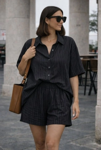 Kadın Kısa Kollu çizgili Modal Kumaş Gömlek Ve Yüksek Bel Lastik Detay şort Ikili Takım