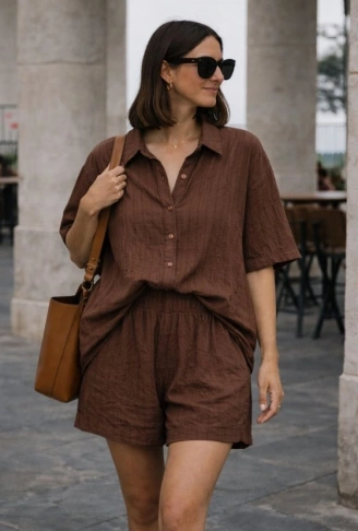 Kadın Kısa Kollu çizgili Modal Kumaş Gömlek Ve Yüksek Bel Lastik Detay şort Ikili Takım