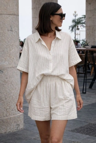 Kadın Kısa Kollu çizgili Modal Kumaş Gömlek Ve Yüksek Bel Lastik Detay şort Ikili Takım