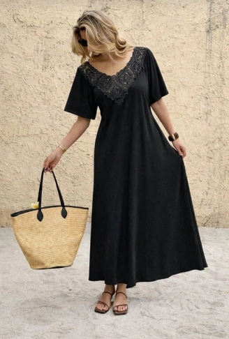 Kadın Kısa Kollu Dantel Güpür Detay V Yaka Maxi Boy Elbise