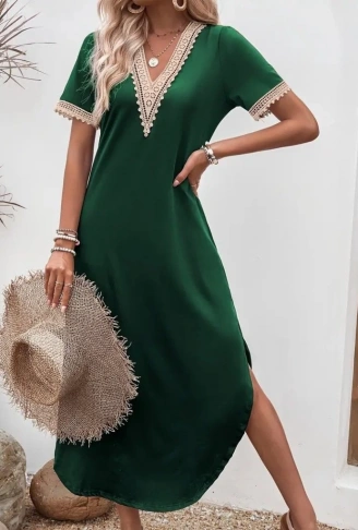 Kadın Kısa Kollu Dantel V Yakalı Uzun Viskon Elbise