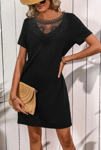 Kadın Kısa Kollu Dantel Yakalı Kısa Viskon Elbise