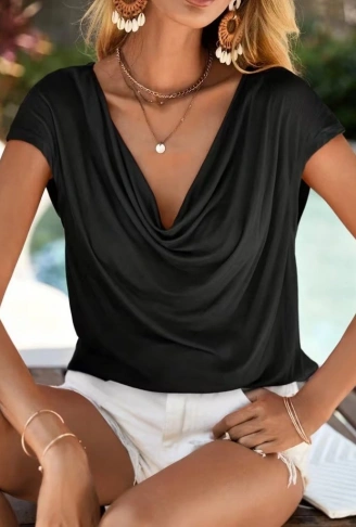 Kadın Kısa Kollu Degaje Yakalı Viskon Bluz