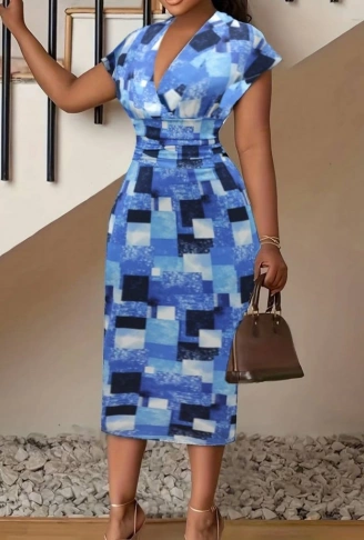 Kadın Kısa Kollu Derin V Yaka Dalgıç Midi Elbise