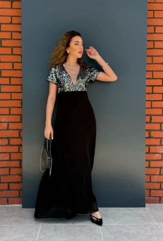 Kadın Kısa Kollu Derin V Yakalı A Kesim Pulpayet Detaylı şifon Nedime Elbisesi