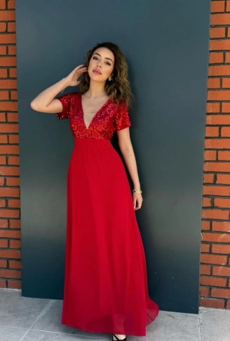 Kadın Kısa Kollu Derin V Yakalı A Kesim Pulpayet Detaylı şifon Nedime Elbisesi