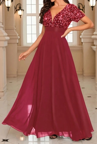 Kadın Kısa Kollu Derin V Yakalı A Kesim Pulpayet Detaylı şifon Nedime Elbisesi