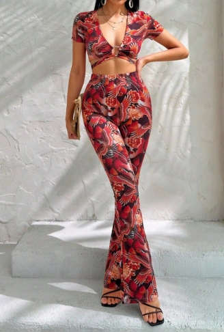 Kadın Kısa Kollu Desenli Takım