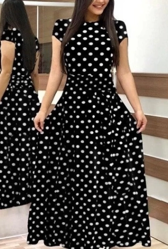 Kadın Kısa Kollu Eteği Volanlı Puantiyeli Krep Elbise