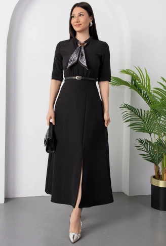 Kadın Kısa Kollu Fular Ve Kemer Detay önden Yırtmaçlı Maxi Boy Elbise