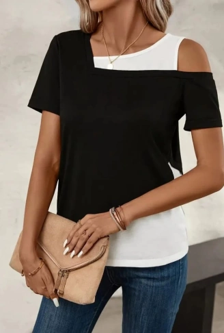 Kadın Kısa Kollu Geometrik Kesin Detaylı çift Renkli Viskon Bluz