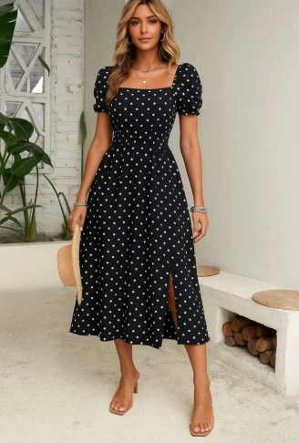 Kadın Kısa Kollu Geometrik Yaka Yırtmaçlı Puantiyeli Midi örme Krep Elbise