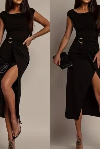 Kadın Kısa Kollu Geometrik Yakalı önden Açık Modal Mini Elbise