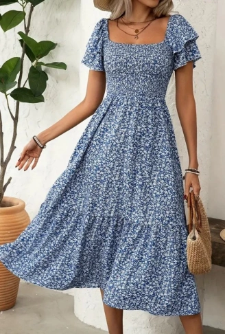 Kadın Kısa Kollu Gipe Detaylı Desenli Midi Süprem Elbise