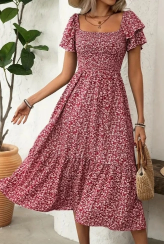 Kadın Kısa Kollu Gipe Detaylı Desenli Midi Süprem Elbise