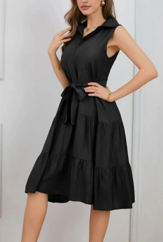 Kadın Kısa Kollu Gömlek Yaka Düğmeli Beli Kuşaklı Katlı Dokuma Midi Elbise