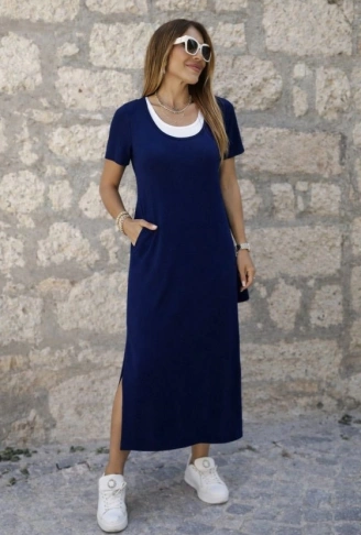 Kadın Kısa Kollu Içi Atlet Görünümlü Yandan Yırtmaçlı Uzun Viskon Elbise