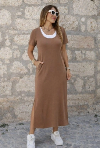 Kadın Kısa Kollu Içi Atlet Görünümlü Yandan Yırtmaçlı Uzun Viskon Elbise