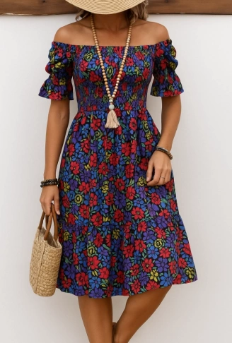 Kadın Kısa Kollu Kare Yakalı Beli Lastikli çiçek Desenli Mini Süprem Elbise