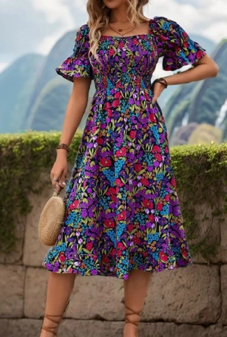 Kadın Kısa Kollu Kare Yakalı Beli Lastikli çiçek Desenli Mini Süprem Elbise