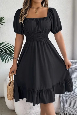 Kadın Kısa Kollu Kare Yakalı Beli Lastikli Kısa Trikoton Elbise