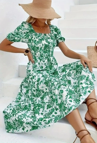 Kadın Kısa Kollu Kare Yakalı Lastikli Desenli Süprem Elbise