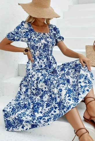 Kadın Kısa Kollu Kare Yakalı Lastikli Desenli Süprem Elbise