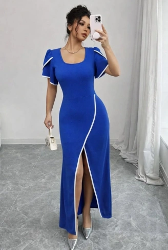 Kadın Kısa Kollu Kare Yakalı önden çapraz Kesim Detaylı Krep Elbise