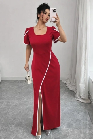 Kadın Kısa Kollu Kare Yakalı önden çapraz Kesim Detaylı Krep Elbise