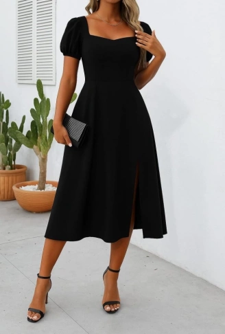 Kadın Kısa Kollu Kare Yakalı Yırtmaçlı Midi Janjan Krep Elbise