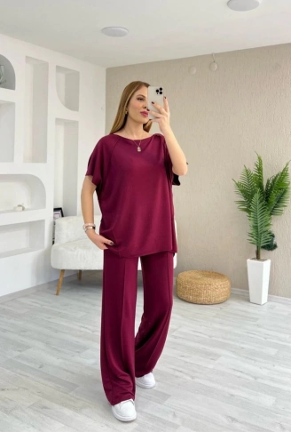 Kadın Kısa Kollu Kayık Yakalı Dikiş Izi Detaylı Viskon Iki Iplik Bluz Ve Pantolon Ikili Takım