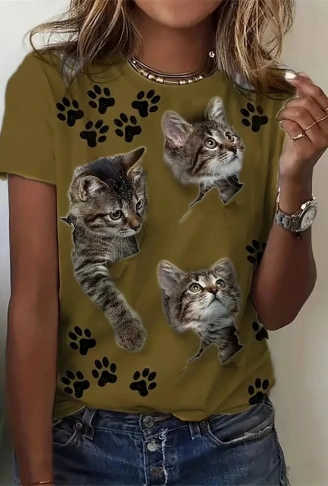 Kadın Kısa Kollu Kedi Ve Pati Baskılı Süprem T-shirt