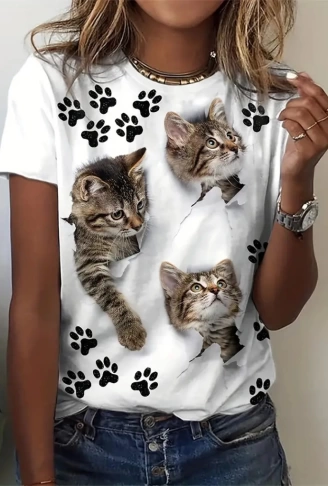 Kadın Kısa Kollu Kedi Ve Pati Baskılı Süprem T-shirt