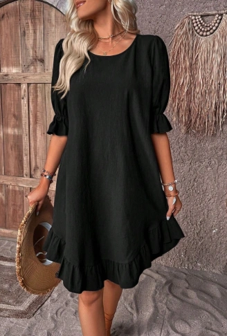 Kadın Kısa Kollu Kol Ve Eteği Volanlı Bisiklet Yaka Aerobin Elbise