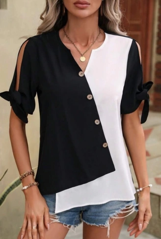 Kadın Kısa Kollu Kollardan Bağlamalı önden Asimetrik Kesim çift Renk Detaylı Düğmeli Ithal Krep Bluz