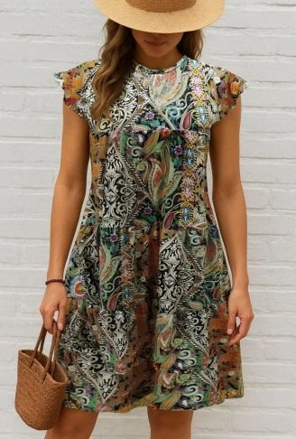 Kadın Kısa Kollu Kolları Fırfırlı Bisiklet Yakalı Kare Desenli Elbise