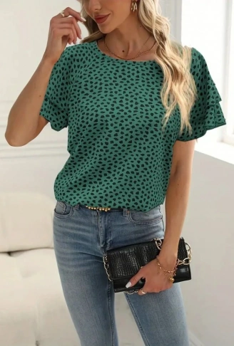 Kadın Kısa Kollu Kolları Volanlı Baskılı Süprem Bluz