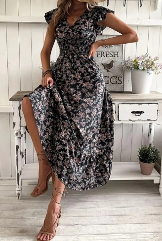 Kadın Kısa Kollu Kruvaze Yaka Beli Lastikli çiçek Desenli Elbise