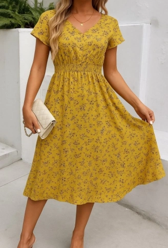 Kadın Kısa Kollu Kruvaze Yaka Beli Lastikli çiçek Desenli Elbise