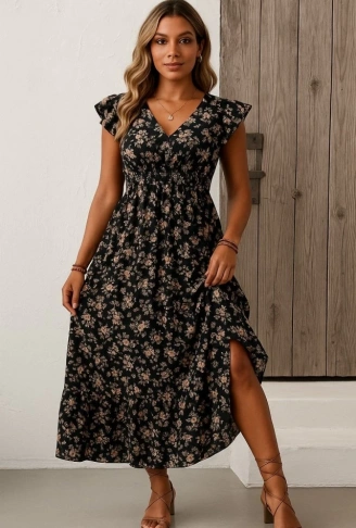 Kadın Kısa Kollu Kruvaze Yaka Beli Lastikli çiçek Desenli Elbise