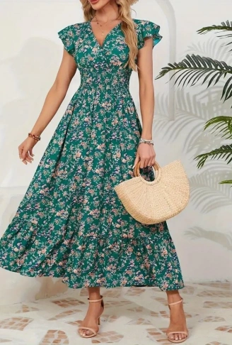 Kadın Kısa Kollu Kruvaze Yaka Beli Lastikli çiçek Desenli Elbise