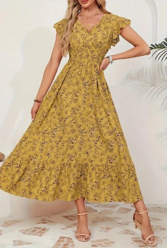 Kadın Kısa Kollu Kruvaze Yaka Beli Lastikli çiçek Desenli Elbise