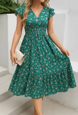 Kadın Kısa Kollu Kruvaze Yaka Beli Lastikli çiçek Desenli Elbise